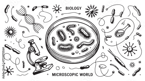 Microscopic view of bacteria and viruses in a petri dish illustrating the biology of microscopic organisms and scientific research