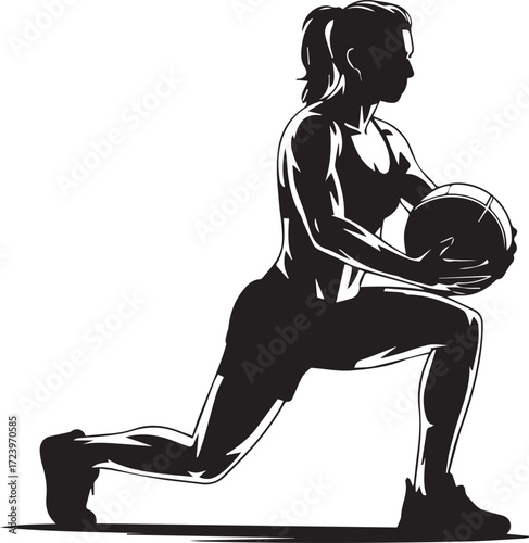 Fitness athlete silhouette woman performing medicine ball lunge exercise dynamic strength training