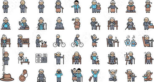 Diverse Senior Citizens Activities Icons Vector Illustrations