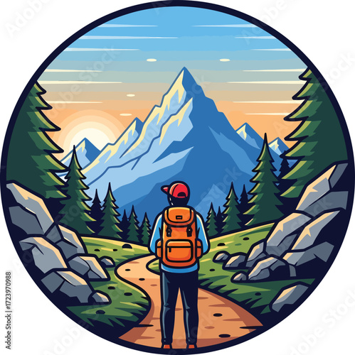 Adventure Traveler Facing Majestic Mountain at Sunset