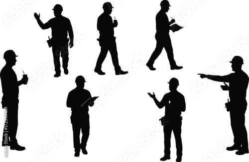 Construction worker silhouettes in hard hats, tool belts, and active poses, ideal for safety, teamwork, labor, and industrial occupation themed vector content