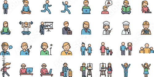 Diverse Collection of People Avatars and Professional Icons Depicting Everyday Life, Various Occupations, and Human Activities in Flat Line Art Style