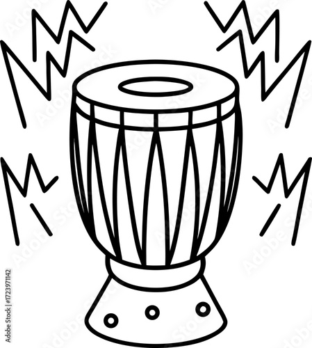 Line Art of Tabla with Sound Waves Illustration Isolated Vector, Minimal Line Drawing of Tabla Percussion Instrument with Audio Waves, Hand Drawn Musical Instrument and Sound Concept Outline