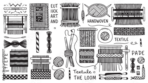 Hand-drawn illustration of weaving tools and textiles showcasing traditional craftsmanship and textile art