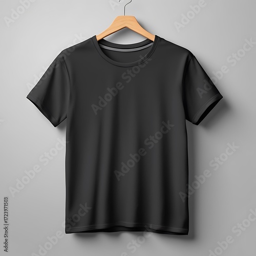 Plain black t shirt hanging on a wooden hanger against a gray background