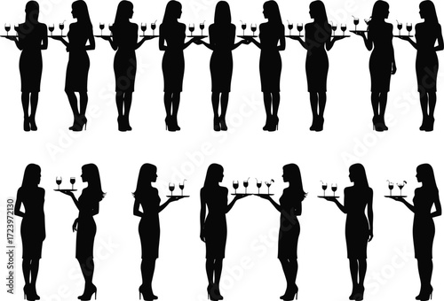 Elegant women silhouettes, serving wine, hospitality staff, waitress vector art, party service, black dress, tray holding, symmetrical pattern, seamless design