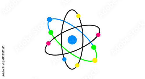 Colorful Atom Model with Orbiting Electrons.