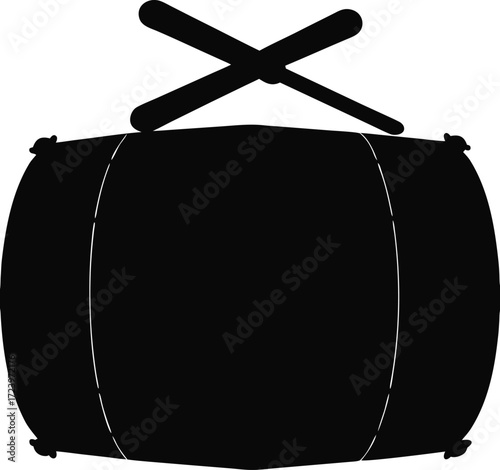 Silhouette of Dhol with Two Sticks Crossed Isolated Vector, Traditional Folk Drum Silhouette with Drumsticks, Black Dhol Percussion Instrument Icon, Cultural Musical Instrument Dhol with Crossed Stick