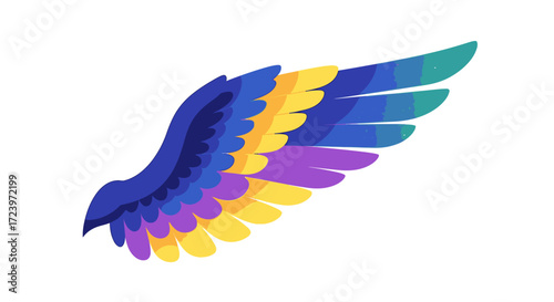 Colorful bird wing illustration with vibrant hues and detailed feather design.