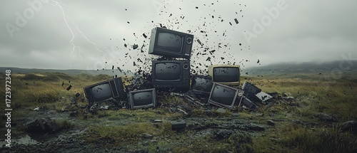 A pile of old televisions exploding in a field with a lightning strike in the background on a cloudy day
