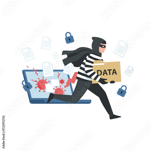 Illustration concept of a computer spyware attack, presented as a flat image set against a white background