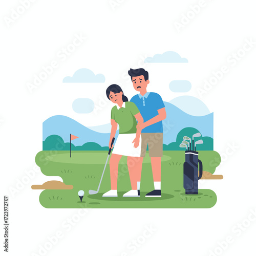 A vector illustration concept of a man teaching a woman to play golf while standing on a field, presented as a flat illustration on a white background