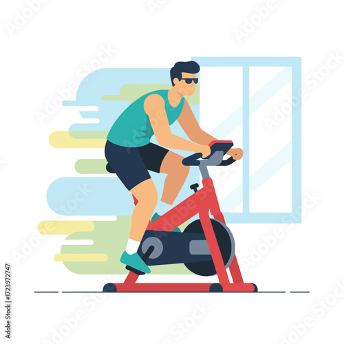 Illustration concept of a man cycling on a bicycle simulator, flat style, isolated on a white background