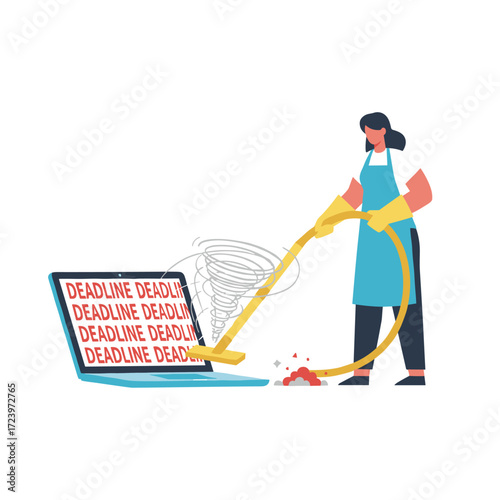 A vector illustration concept of a woman doing housework on a large laptop, presented as a flat illustration set against a white background