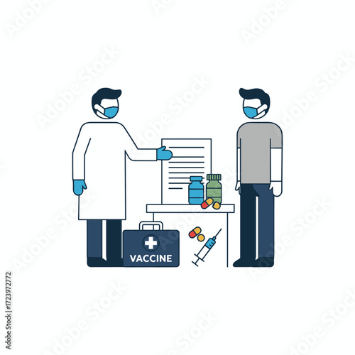 A doctor presents a vaccine kit concept in a flat vector illustration, isolated on a white background