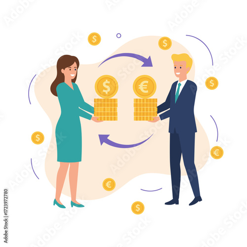 Concept of a flat illustration depicting money exchange rates, presented on a white background