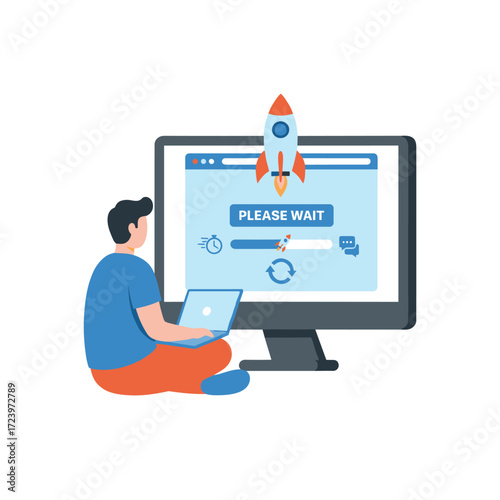 Concept for a flat illustration of website speed optimization, set against a white background