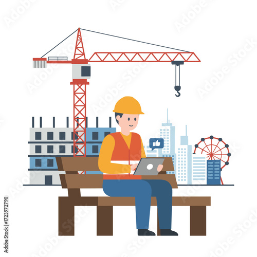 Illustrate a construction worker texting with a job site in the background; design a distinctive image for a website, app, or presentation