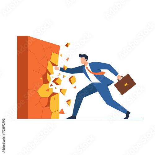 A businessman breaking through the wall to success; ideal for web banners, mobile apps, and hero images as a flat vector illustration on a white background