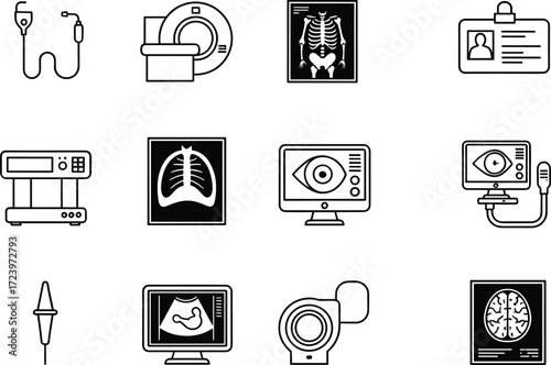 Medical imaging icons, diagnostic equipment vector set, healthcare technology symbols, CT scan, MRI, X-ray, ultrasound, patient monitor, eye scan, silhouette style