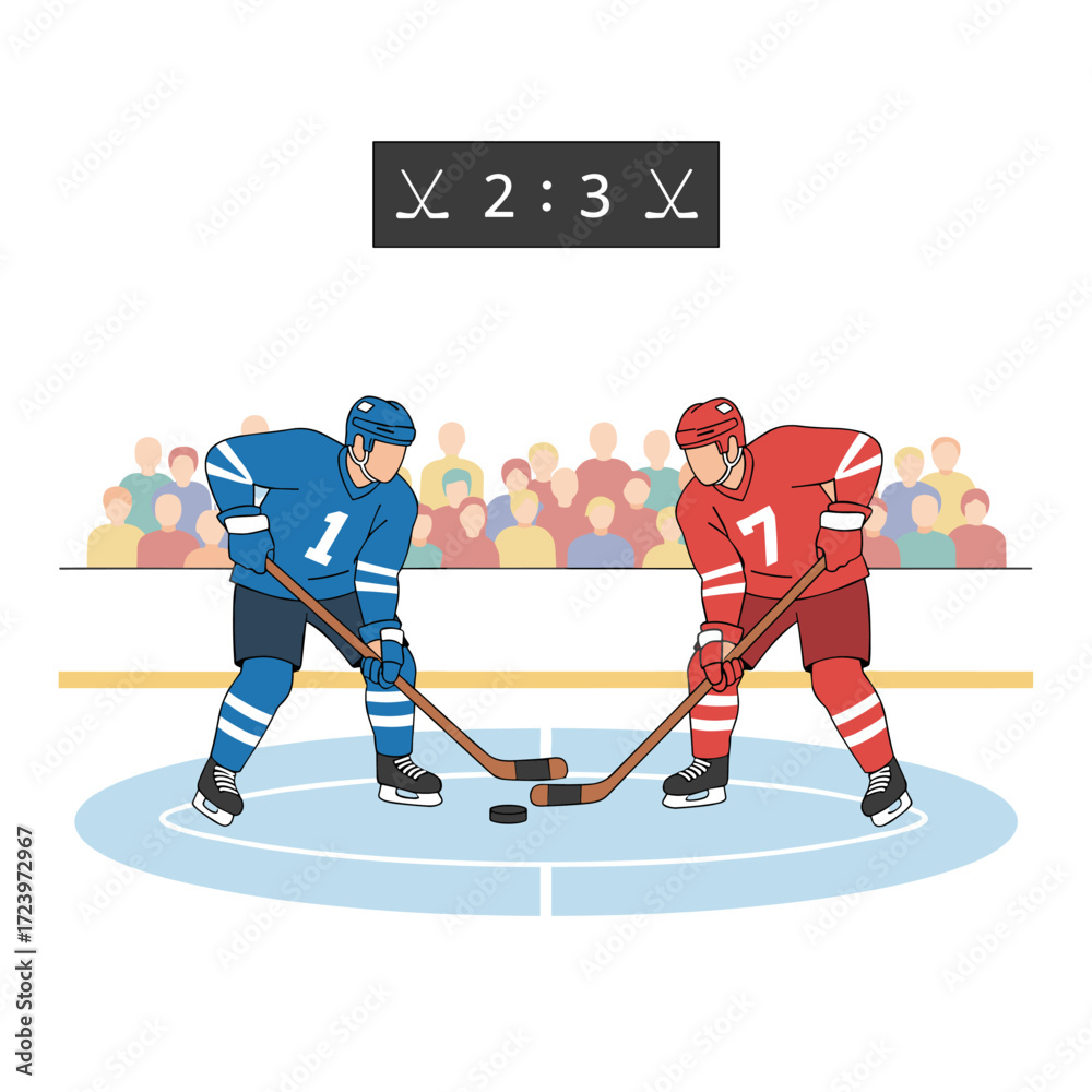 Fototapeta premium A hockey-themed illustration featuring a character, suitable for web banners, mobile apps, and hero images, rendered as a flat vector on a white background