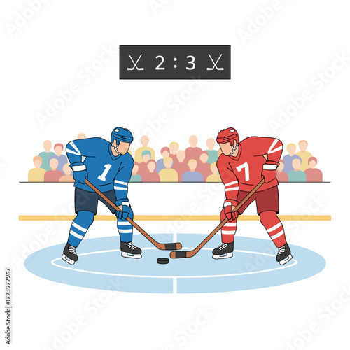 A hockey-themed illustration featuring a character, suitable for web banners, mobile apps, and hero images, rendered as a flat vector on a white background