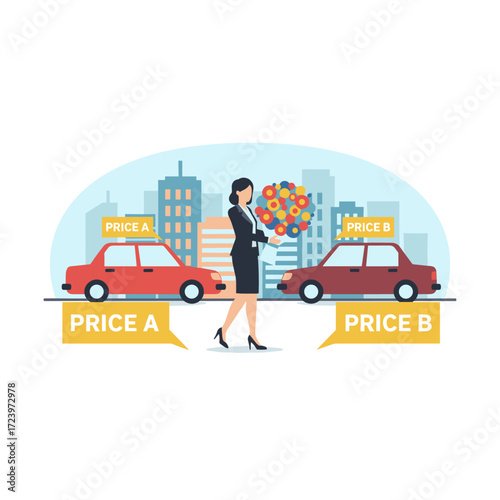 Vector illustration concept of a woman with flowers inside a car showroom