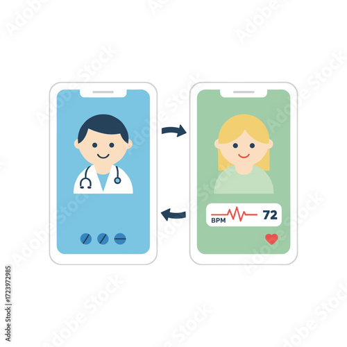 A patient converses with a doctor via a cell phone video call, discussing his heart rate data gathered through a smartwatch app