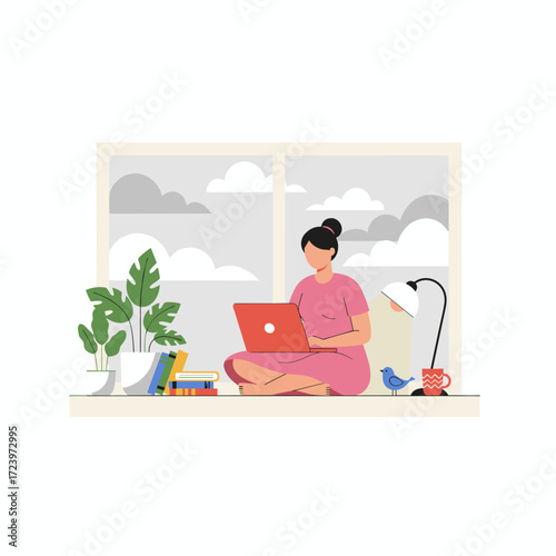 The girl is working from home, using her laptop on the windowsill