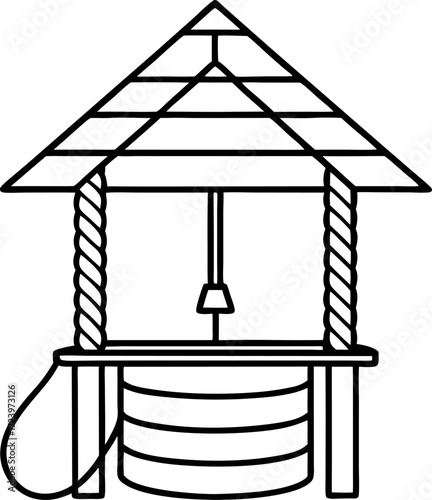 Decorative Line Art of Village Well with Rope Isolated Vector Illustration, Minimal Line Drawing of Traditional Water Well, Hand Drawn Rural Scene Outline, Cultural Village Life Line Art Vector