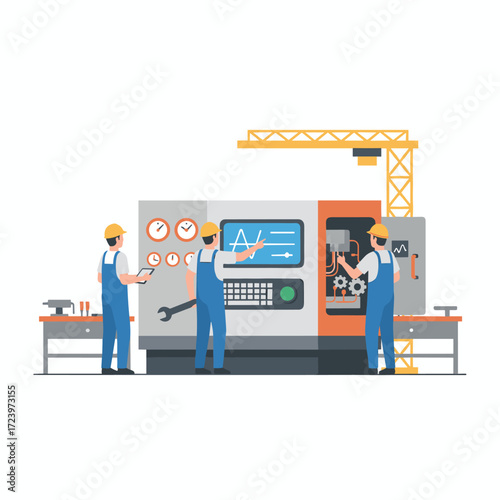 Illustration concept of a factory worker fixing a machine on a white background