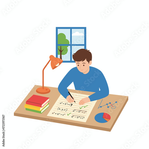 Concept illustration of a student doing homework on a white background