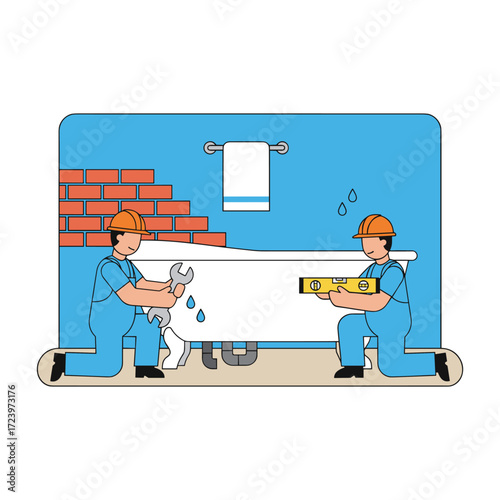 Vector illustration of plumbers fixing the bathtub's water pipes