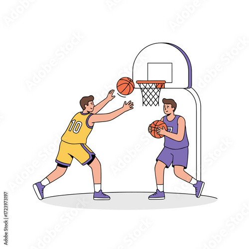 Vector illustration concept of students playing basketball on the ground, presented as a flat illustration isolated on a white background