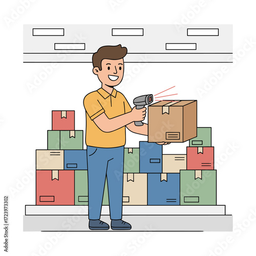 The shipper scans a box's barcode in a vector illustration concept