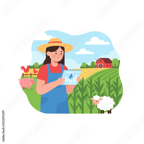 A female farmer oversees her industrial farm using a mobile app on her tablet