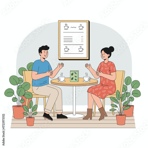 Illustration concept of a couple dating in a café on a white background