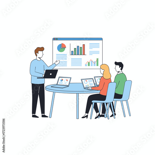The marketing director is searching for keywords for the site illustration concept, a flat illustration set against a white background