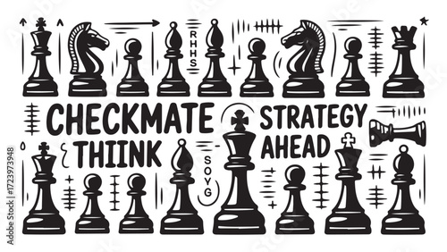 Black chess pieces arranged in a strategic formation representing a game of chess planning and competition
