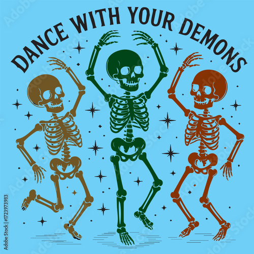 Creative “Dance With Your Demons” T-shirt design featuring bold gothic-style typography with dark aesthetic elements. Perfect for streetwear, alternative fashion, rock band merch, motivational dark qu