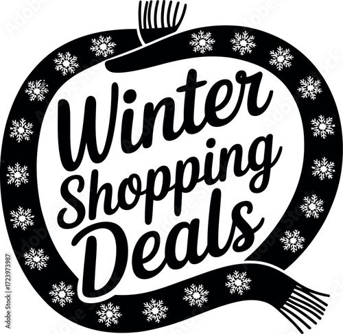 Festive winter shopping deals presented in a circular scarf design with snowflakes