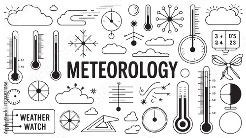 Line art icons representing weather meteorology and climate change perfect for educational or scientific projects