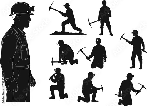 Miner silhouette vector set, underground workers, pickaxe action poses, helmet gear, coal mining tools, industrial labor, black isolated illustrations, editable design
