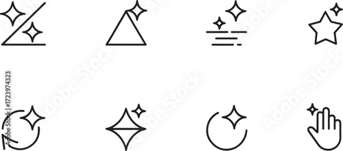 Minimalist sparkle icons set for cleanliness, freshness, enhancement, UI design, branding, and digital aesthetics.