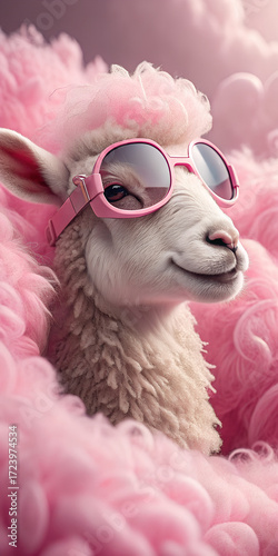 A sheep with pink sunglasses surrounded by fluffy pink wool