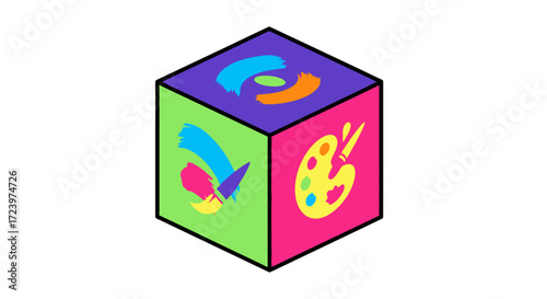 Colorful Isometric Cube with Creative Symbols Representing Art and Design.
