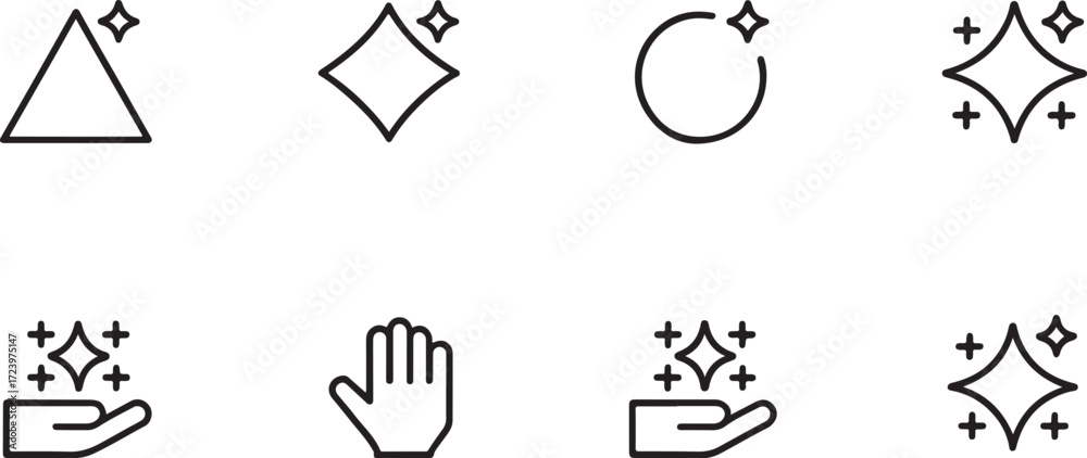 Fototapeta premium Minimalist sparkle icons set for cleanliness, freshness, enhancement, UI design, branding, and digital aesthetics.
