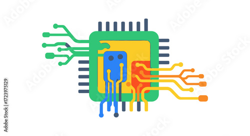 Colorful Microchip with Integrated Circuits and Electronic Components.