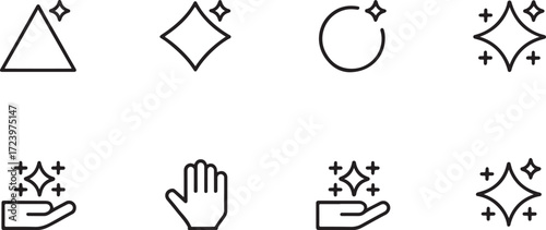 Minimalist sparkle icons set for cleanliness, freshness, enhancement, UI design, branding, and digital aesthetics.