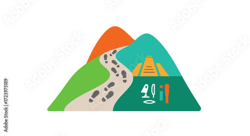 Colorful mountain illustration depicting a path and ancient structures.